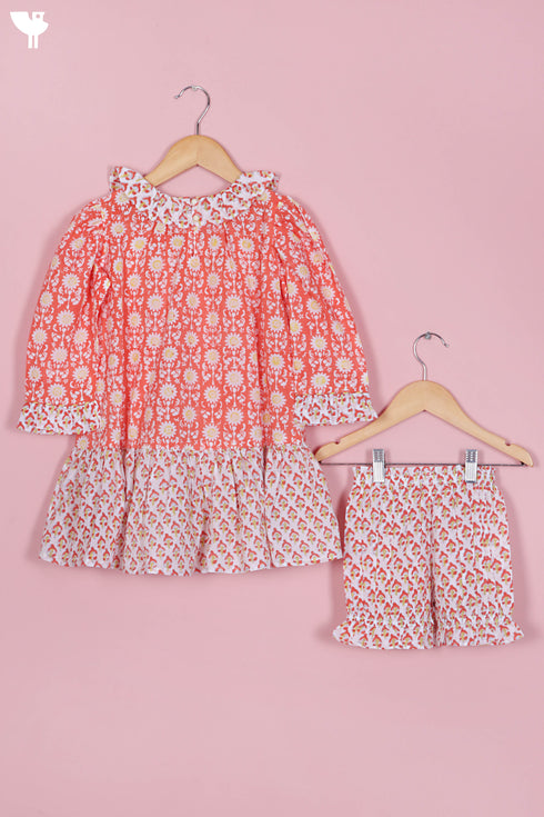 Cotton Top & Shorts Set In Floral Block Print